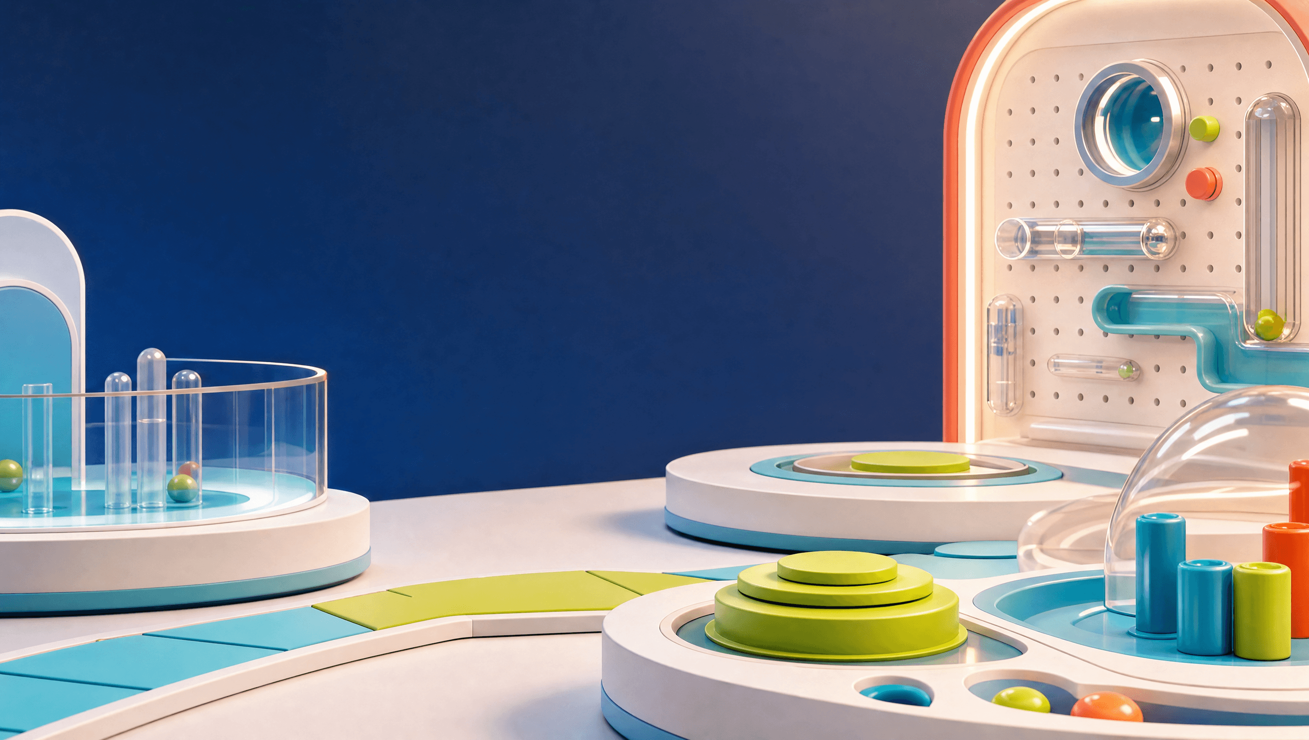 A textless aqua, cream, and navy exploration station with modular paths and bright wayfinding blocks.