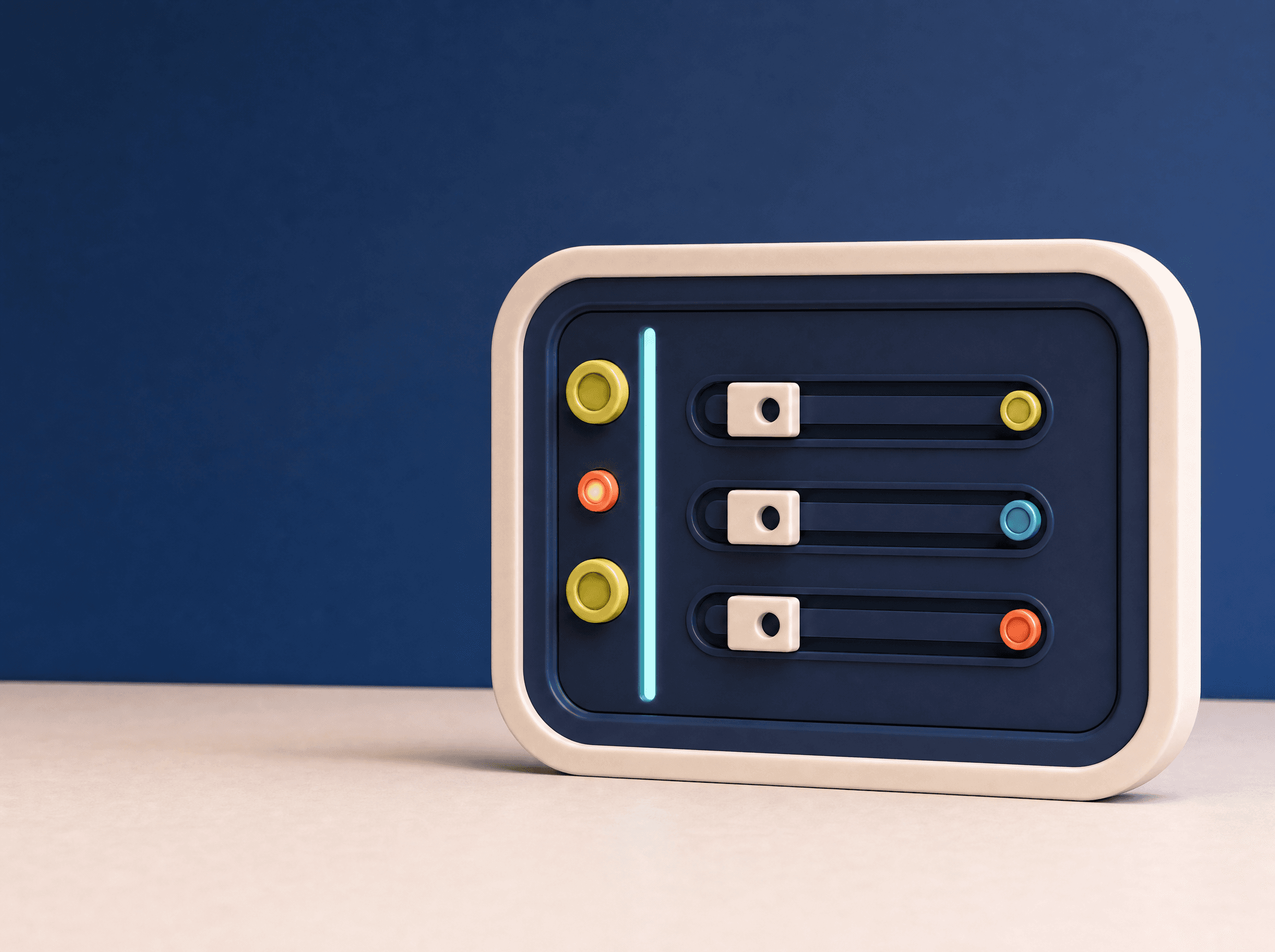 A textless trust-console scene with deep navy panels, cream controls, aqua rails, and a lime status signal.